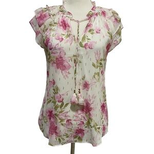 AUTRES FILLES Blouse Pink White Floral Semi-Sheer Double Layer Size XS